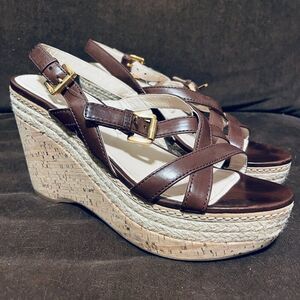 PRADA Vitello Shine Leather and Cork Espadrille Wedge Sandals Brown 37.5 EU 7.5